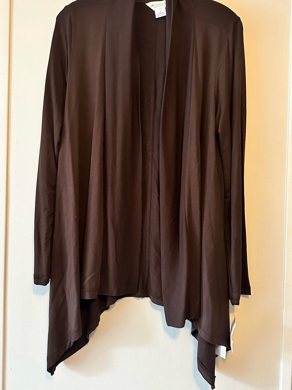 Liz Claiborne Weekend Sharkbite Cardigan Brown Open Front Rayon Large NWT - Picture 3 of 9